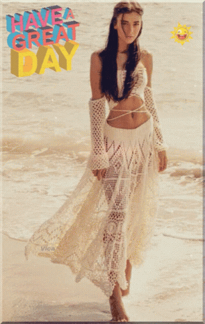 A Picture Of A Woman On The Beach With The Words Have A Great Day Written Above Her GIF