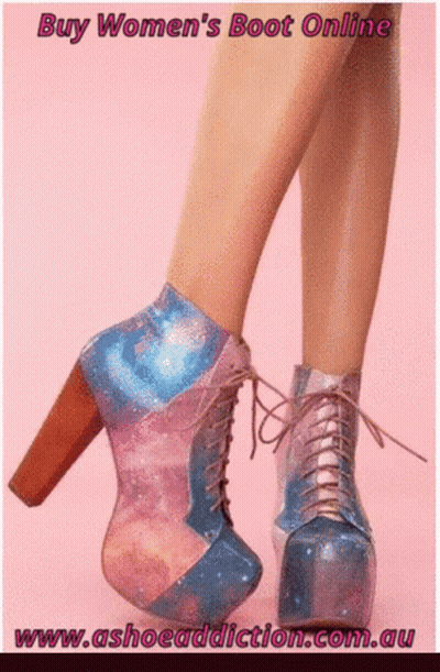 A Picture Of A Woman 'S Feet Wearing A Pair Of Pink And Blue Galaxy Boots GIF