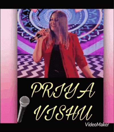 A Picture Of A Woman Singing Into A Microphone With The Name Priya Vishu GIF