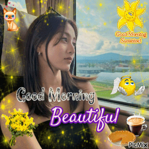 A Picture Of A Woman Sitting In Front Of A Window With The Words " Good Morning Beautiful " GIF