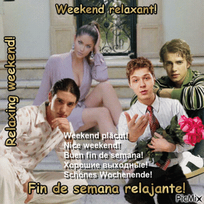 A Picture Of A Woman Sitting On A Staircase Next To Two Men With The Words Weekend Relaxant GIF
