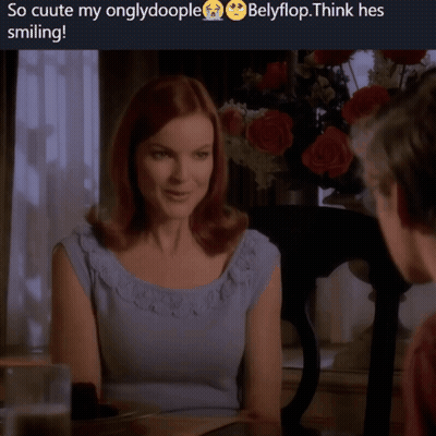 A Picture Of A Woman Smiling With The Caption So Cuute My On Glydoople Belyflop Think Hes Smiling GIF