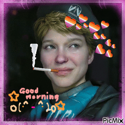 A Picture Of A Woman Smoking A Cigarette With The Words Good Morning Written On The Bottom GIF