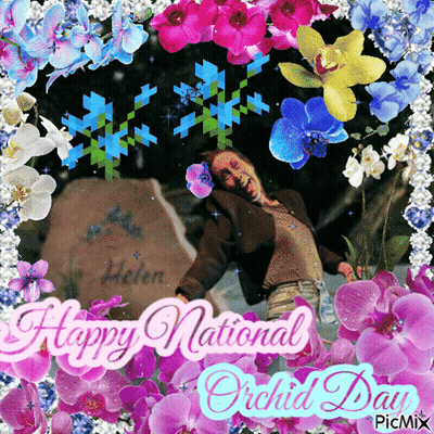 A Picture Of A Woman Surrounded By Flowers With The Words Happy National Orchid Day On The Bottom GIF