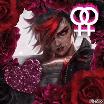 A Picture Of A Woman Surrounded By Red Roses With A Pink Female Symbol GIF