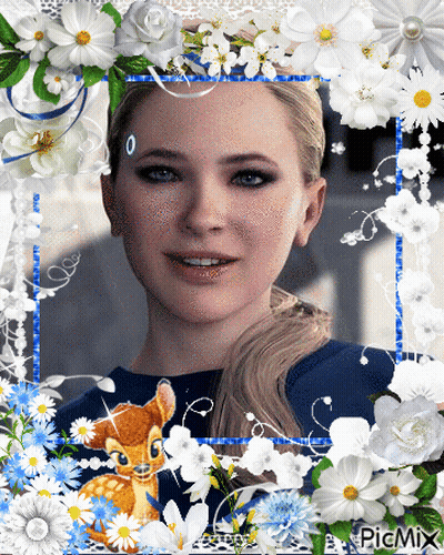 A Picture Of A Woman Surrounded By White Flowers And A Picture Of A Deer GIF