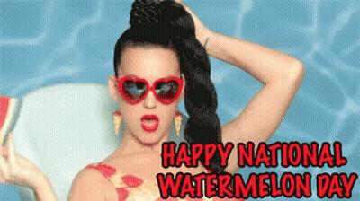 A Picture Of A Woman Wearing Sunglasses And A Watermelon With The Words Happy National Watermelon Day GIF