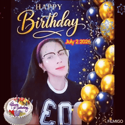A Picture Of A Woman With A Birthday Cake And Balloons With The Date July 2 2026 GIF