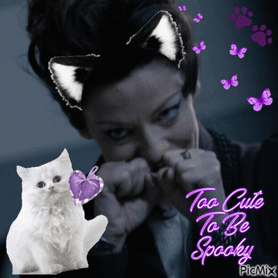 A Picture Of A Woman With A Cat Ear And The Words Too Cute To Be Spooky GIF