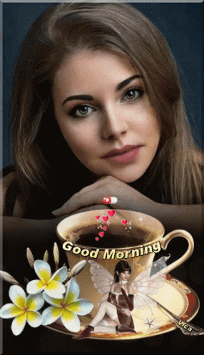A Picture Of A Woman With A Cup Of Coffee And The Words Good Morning GIF