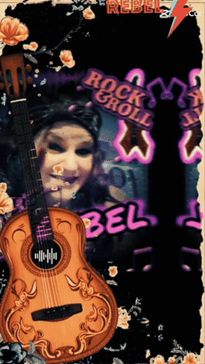A Picture Of A Woman With A Guitar And A Sign That Says Rebel On It GIF