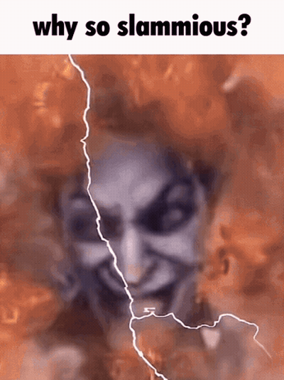 A Picture Of A Woman With A Lightning Bolt Behind Her And The Words Why So Slammious GIF