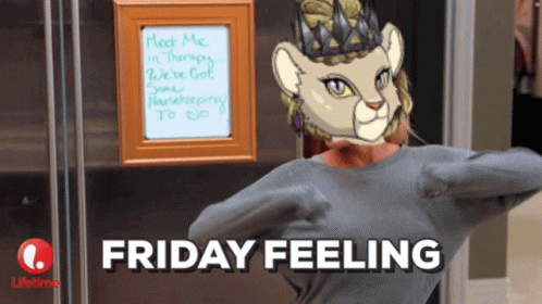 A Picture Of A Woman With A Lion On Her Head And The Words Friday Feeling GIF