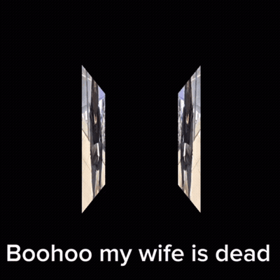A Picture Of A Woman With A Mask On Her Face And The Words Boohoo My Wife Is Dead Below Her GIF