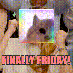 A Picture Of A Woman With A Picture Of A Dog Behind Her That Says Finally Friday GIF