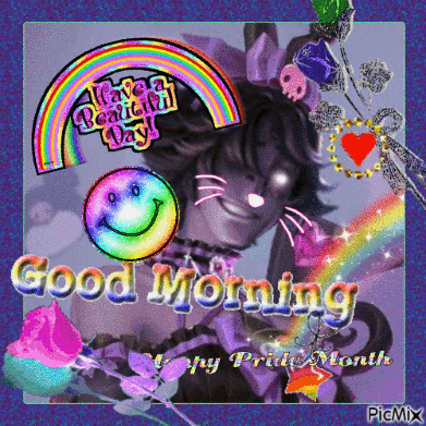 A Picture Of A Woman With A Rainbow And Smiley Face Says Good Morning GIF