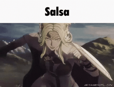 A Picture Of A Woman With A Sword And The Word Salsa GIF