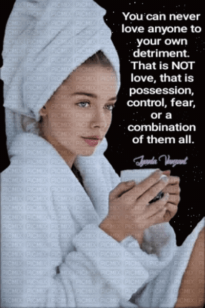 A Picture Of A Woman With A Towel Wrapped Around Her Head Holding A Cup Of Coffee GIF