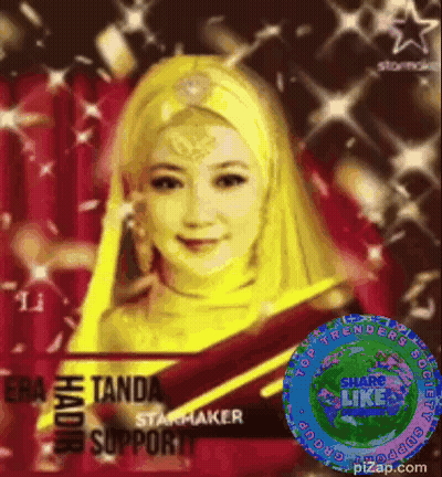 A Picture Of A Woman With A Yellow Head Scarf And The Words " Share Like " GIF