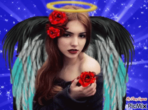 A Picture Of A Woman With Angel Wings Holding A Rose GIF