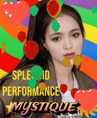 A Picture Of A Woman With Balloons On Her Head And The Words " Sple Id Performance Mystique " GIF