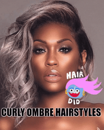 A Picture Of A Woman With Curly Ombre Hairstyles On Her Face GIF