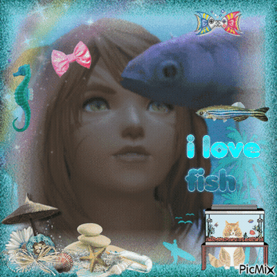 A Picture Of A Woman With Fish And The Words I Love Fish Below Her GIF
