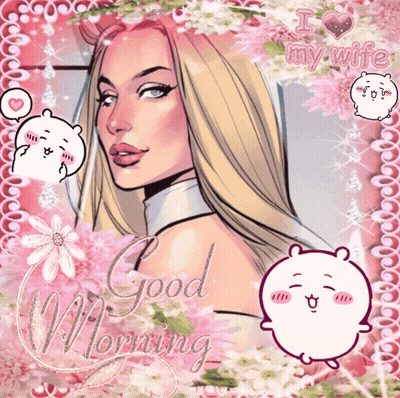 A Picture Of A Woman With Flowers And The Words Good Morning On It GIF