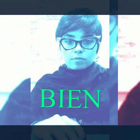 A Picture Of A Woman With Glasses And The Word Bien On The Bottom GIF