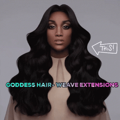 A Picture Of A Woman With Goddess Hair Weave Extensions Written On It GIF