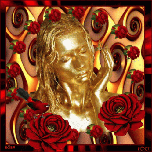 A Picture Of A Woman With Gold Paint On Her Face And Red Roses GIF