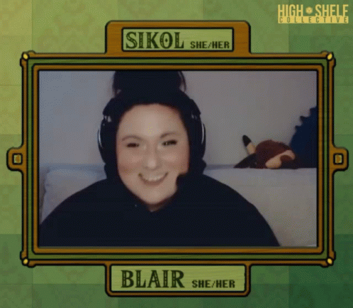 A Picture Of A Woman With Headphones And The Name Blair On It GIF