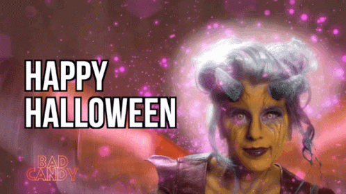A Picture Of A Woman With Horns And The Words " Happy Halloween " GIF