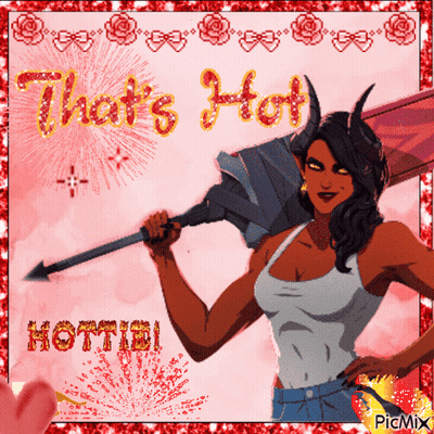 A Picture Of A Woman With Horns Holding A Large Sword That Says That 'S Hot Hottie GIF