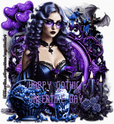 A Picture Of A Woman With Purple Hair And Glasses Says Happy Gothic Valentine Day GIF