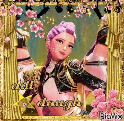 A Picture Of A Woman With Purple Hair Is Surrounded By Pink Flowers And The Words " Dill Dough " GIF