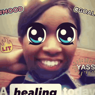 A Picture Of A Woman With Stickers On Her Face Including One That Says Lit On It GIF