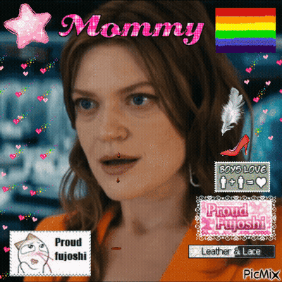 A Picture Of A Woman With The Word Mommy On Top Of Her Head GIF