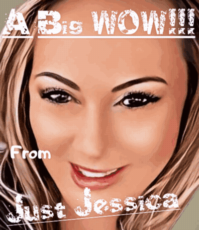 A Picture Of A Woman With The Words A Big Wow From Just Jessica On The Bottom GIF