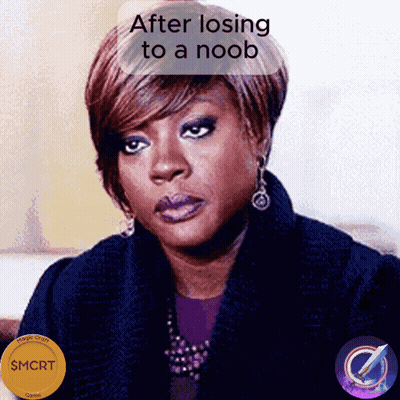 A Picture Of A Woman With The Words After Losing To A Noob Written Above Her GIF
