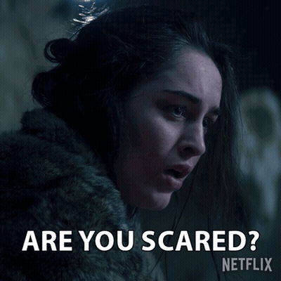 A Picture Of A Woman With The Words " Are You Scared " On It GIF