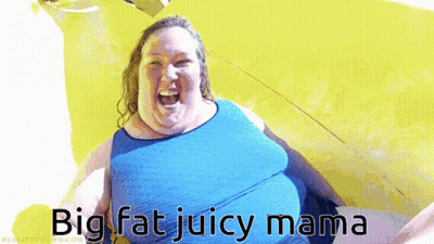 A Picture Of A Woman With The Words Big Fat Juicy Mama GIF