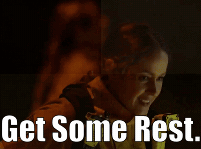 A Picture Of A Woman With The Words " Get Some Rest " Below Her GIF