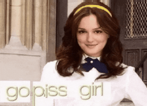 A Picture Of A Woman With The Words Go Piss Girl Written On It GIF