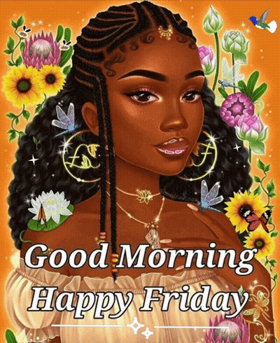 A Picture Of A Woman With The Words Good Morning Happy Friday On It GIF