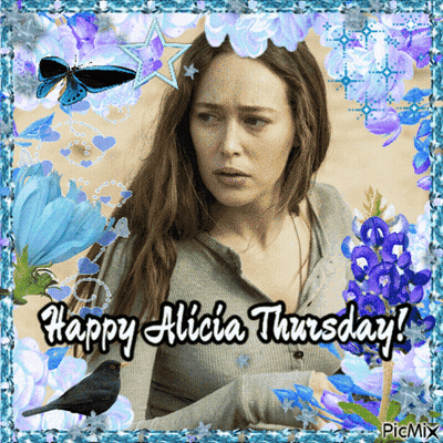 A Picture Of A Woman With The Words Happy Alicia Thursday At The Bottom GIF