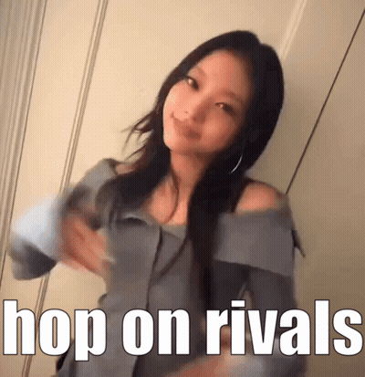 A Picture Of A Woman With The Words Hop On Rivals On It GIF