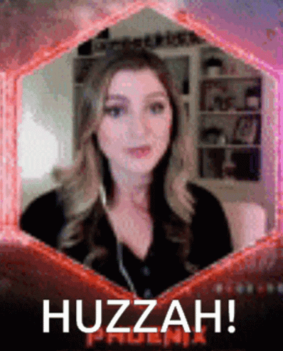 A Picture Of A Woman With The Words Huzzah Written On It GIF