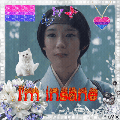A Picture Of A Woman With The Words I 'M Insane Written In Red GIF
