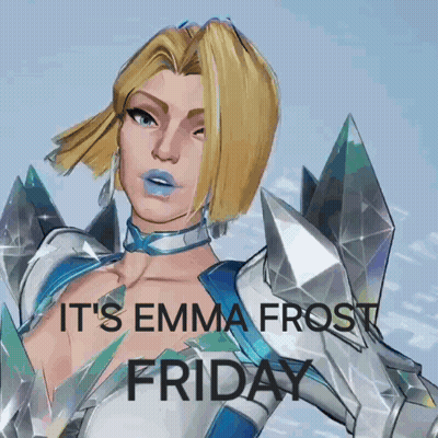 A Picture Of A Woman With The Words " It 'S Emma Frost Friday " On It GIF